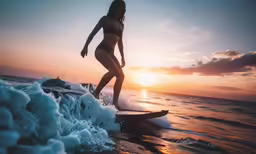 a woman standing on a surfboard while riding a wave