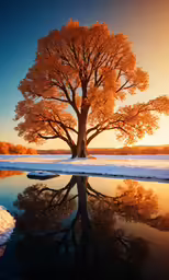 a tree sits by the edge of a lake in a snowy area