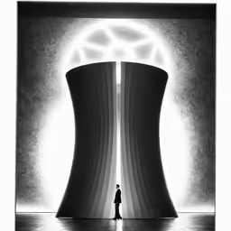 a woman in a dark room next to a white light