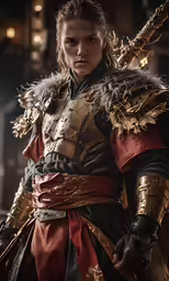 a woman with long hair and armor wearing feathers on her head