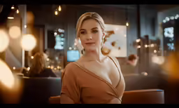 an attractive woman poses in a dimly lit restaurant