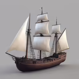 the small pirate boat has white sails