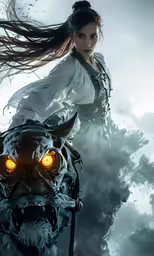 a woman with a white dress and a tiger mask in front of the sky