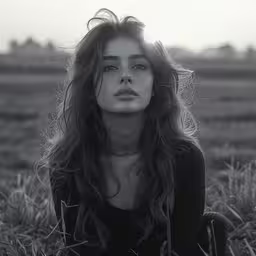 a woman in a black dress is laying on the grass,a woman is sitting in a field posing for the camera