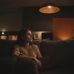 a woman sitting on top of a couch with her arms folded