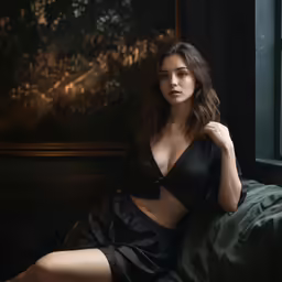a woman poses in a black dress near a window