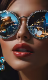 beautiful woman with glasses reflecting the city lights