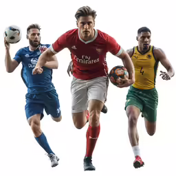 three men playing soccer against each other in one photograph