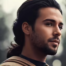 a bearded man with long black hair and beard stares into the distance