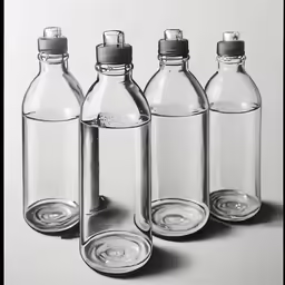 three glass containers and one is empty