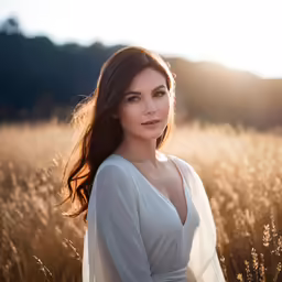 a woman standing in tall grass posing for a photo