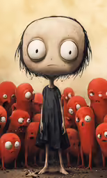 a small girl standing next to large red monsters