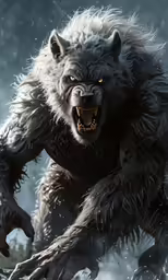 a furry monster walking across a forest covered in snow