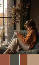woman sitting on couch with warm colors in background