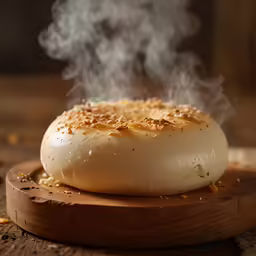 a dish of food with steam rising from it on a wooden board
