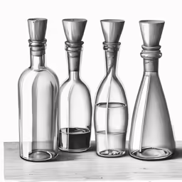 several bottles that have one missing and one empty