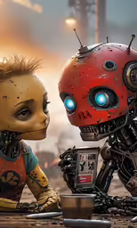 two aliens sitting next to each other with faces painted on