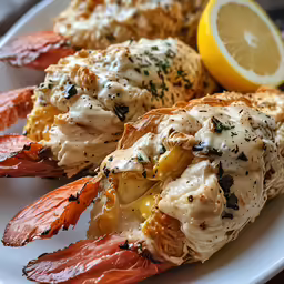 an open face lobster on a plate next to some lemon slices