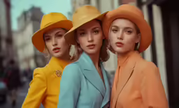 three models pose in bright yellow and orange hats