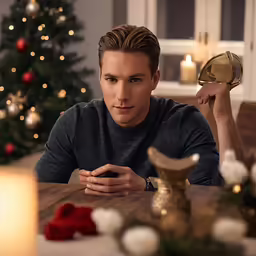 a man sitting at a table using a mobile phone