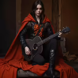 man with red cloak holding guitar in dark room