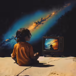 a child sitting and looking at a television on a stand