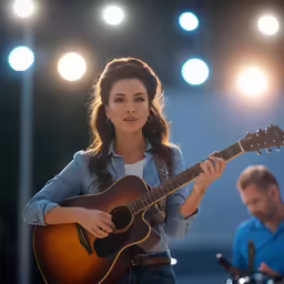 a woman is playing an acoustic guitar while someone else is recording