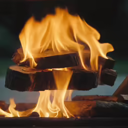 a wood fire burns on a camp grill