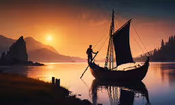 a man standing on a small boat in the water,an artwork of a boat in the water at sunset