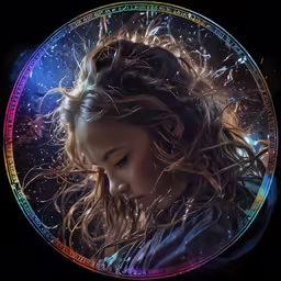 a woman looking down with her hair flying around