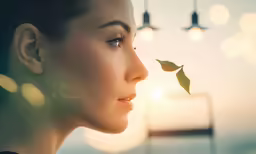 a woman is blowing some leaves in the air