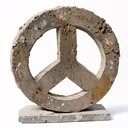 a peace sign made of concrete sits on a stand