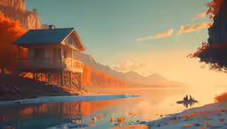 an image of a cabin in a lake with a boat,a wooden cabin with a dock sits on the shore