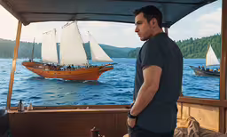 a man on the back of a boat looking out at a large boat sailing,a man standing on a boat that is on the water