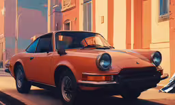 an orange sports car is parked on the side of the road,a vintage car parked on the street next to a red building