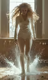 a woman is dressed in white while splashing water