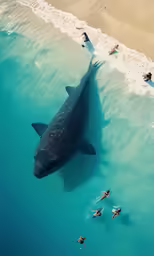 an aerial view of a large shark in the water