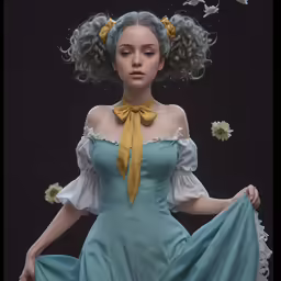 a girl dressed in blue and yellow is posing with birds