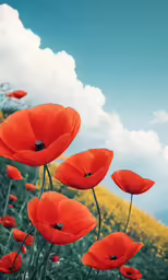 poppy field in a cloudy sky over looking green grass