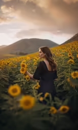a young woman standing in a field of sunflowers