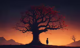 man standing in front of a tree at dusk,a person standing next to a tree at sunset