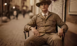 young man wearing brown suit and hat posing for photo