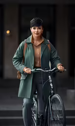 a woman in a coat riding a bike