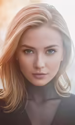 a beautiful blond woman with blue eyes poses