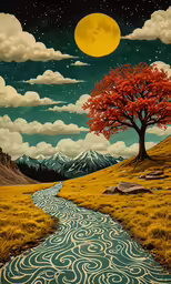 a painting of a pathway in the middle of a grassy field