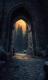 a path leads to an archway leading to trees