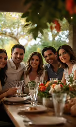 a group of friends enjoying dinner in a restaurant