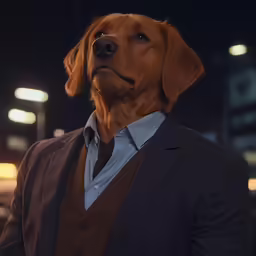 the person is wearing a suit and tie with a dog on his shoulder