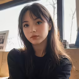 a woman with bangs sits in front of a window