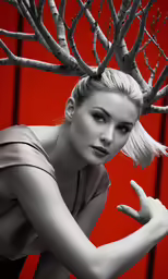 black and white image of woman with branchy hair